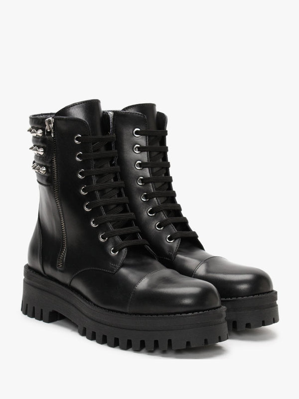 Fudder Black Leather Studded Collar Ankle Boots