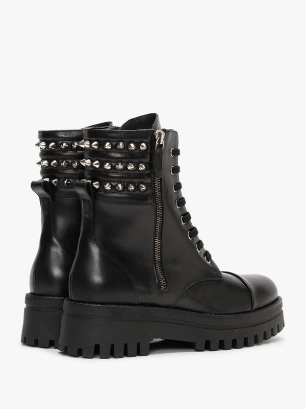 Fudder Black Leather Studded Collar Ankle Boots