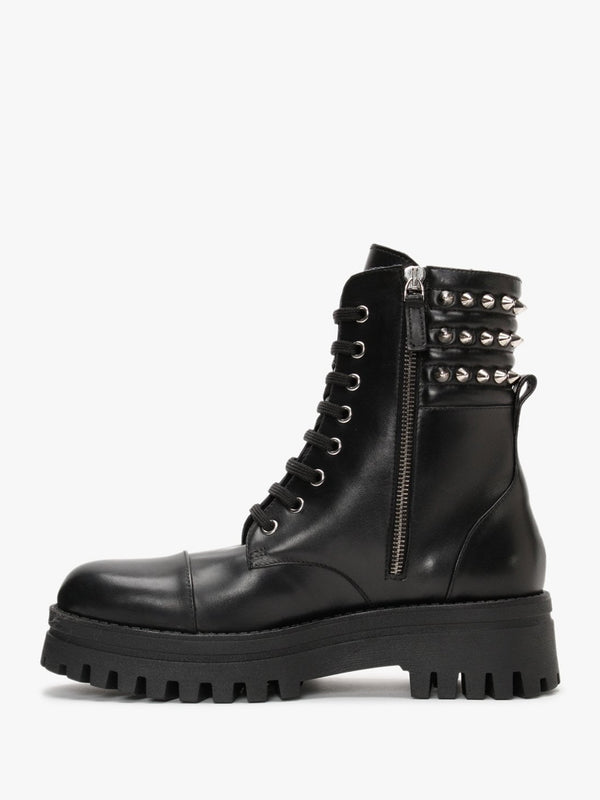 Fudder Black Leather Studded Collar Ankle Boots