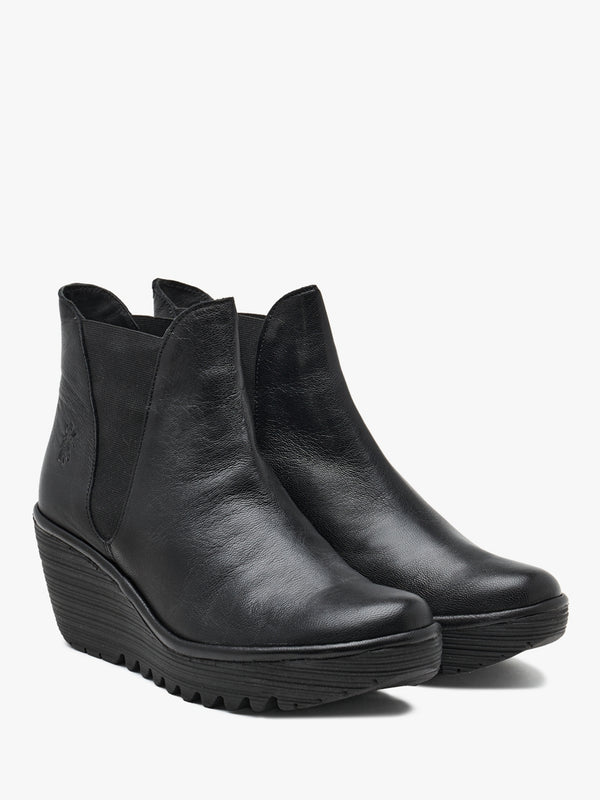 Woss Black Leather Wedge Ankle Boots