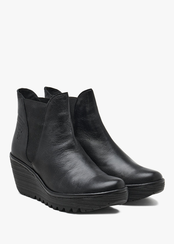 Woss Black Leather Wedge Ankle Boots