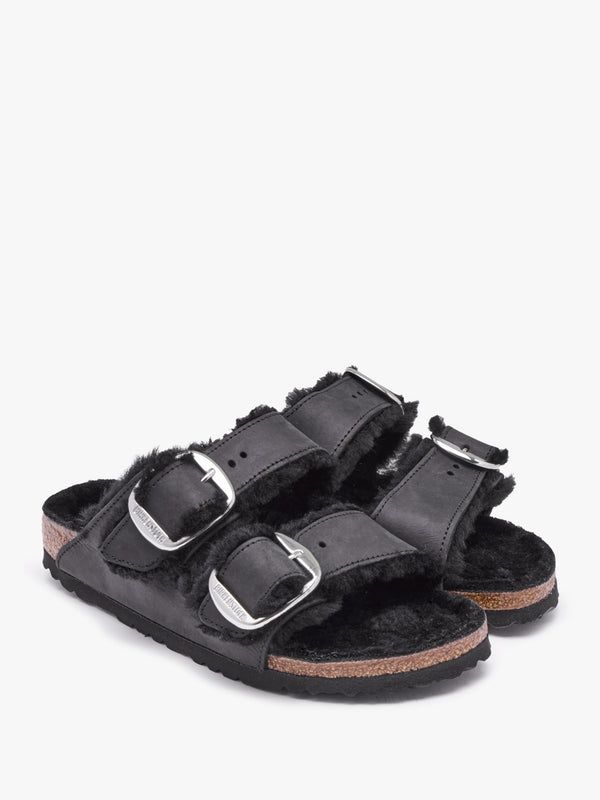 Arizona Shearling Black Natural Oiled Leather Two Bar Mules