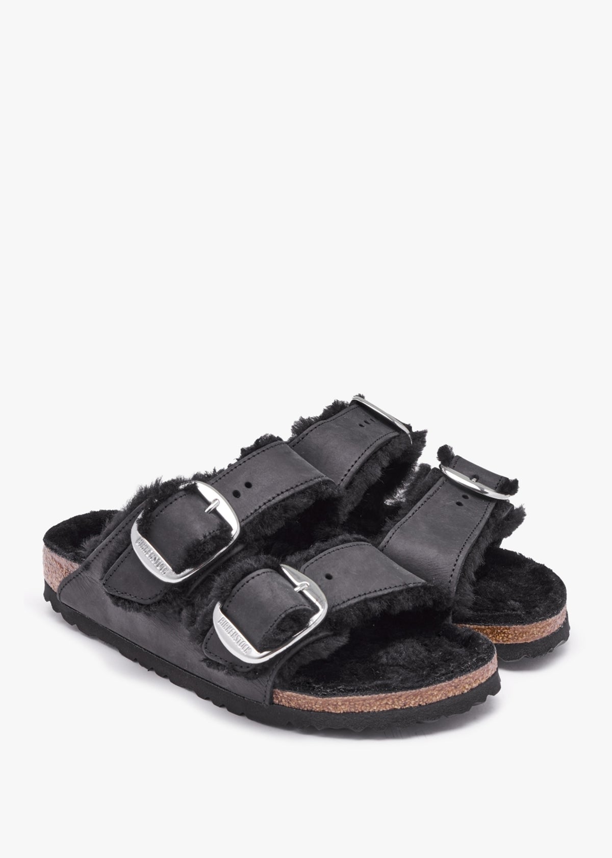 Arizona Shearling Black Natural Oiled Leather Two Bar Mules