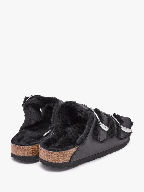 Arizona Shearling Black Natural Oiled Leather Two Bar Mules