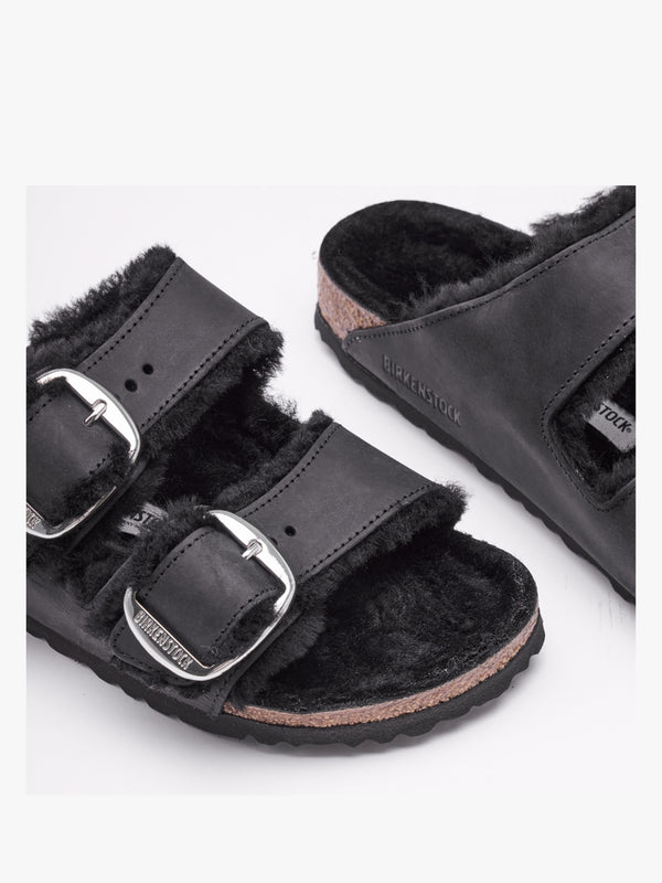 Arizona Shearling Black Natural Oiled Leather Two Bar Mules