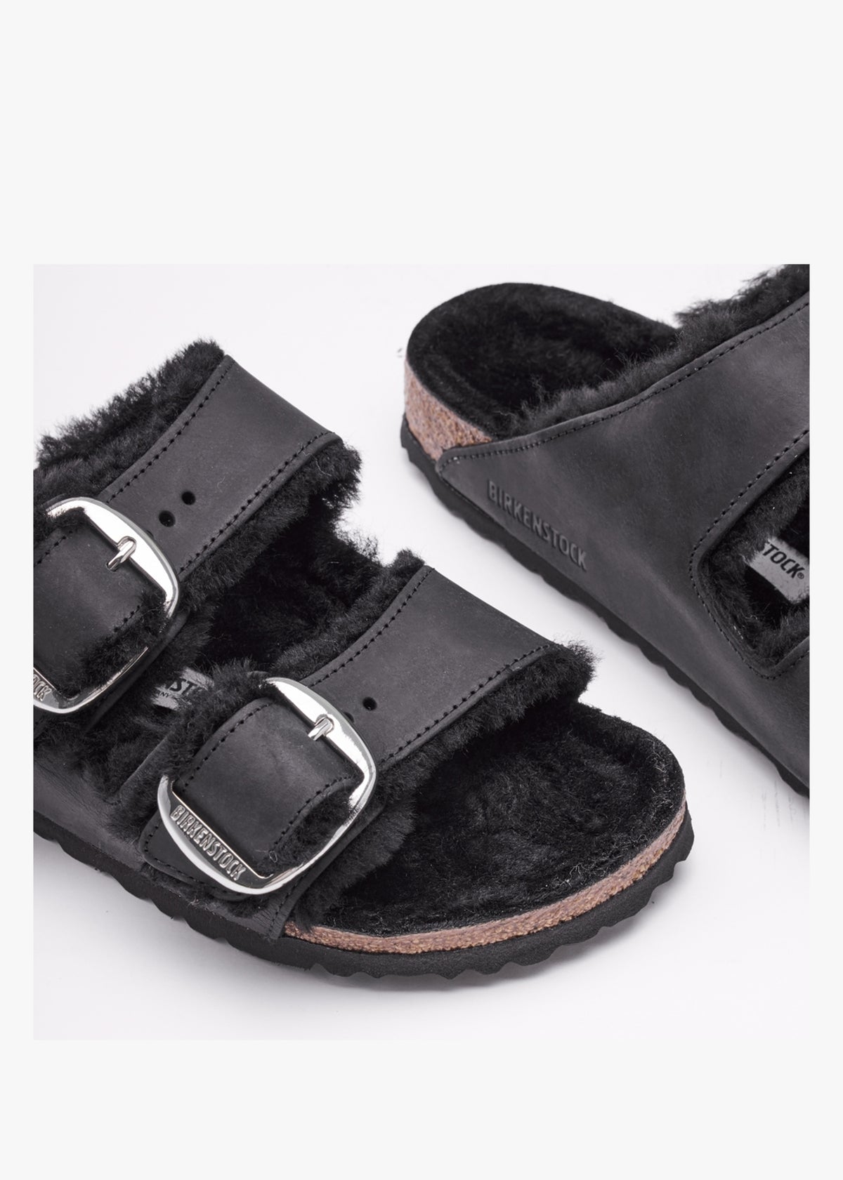 Arizona Shearling Black Natural Oiled Leather Two Bar Mules