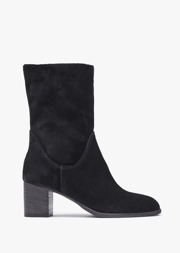 Gigi Black Suede Block Heel Calf Boots