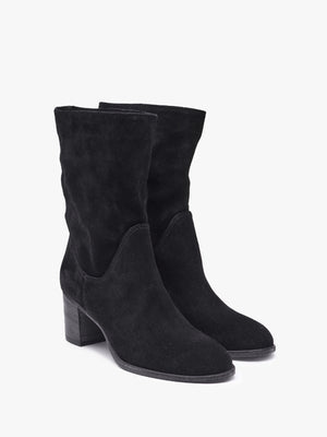 Gigi Black Suede Block Heel Calf Boots