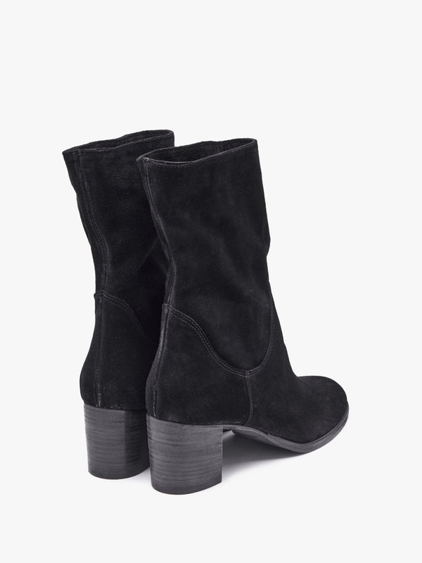 Gigi Black Suede Block Heel Calf Boots