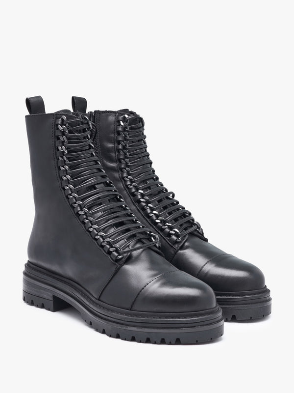 Grace Black Leather Chain Detail Ankle Boots