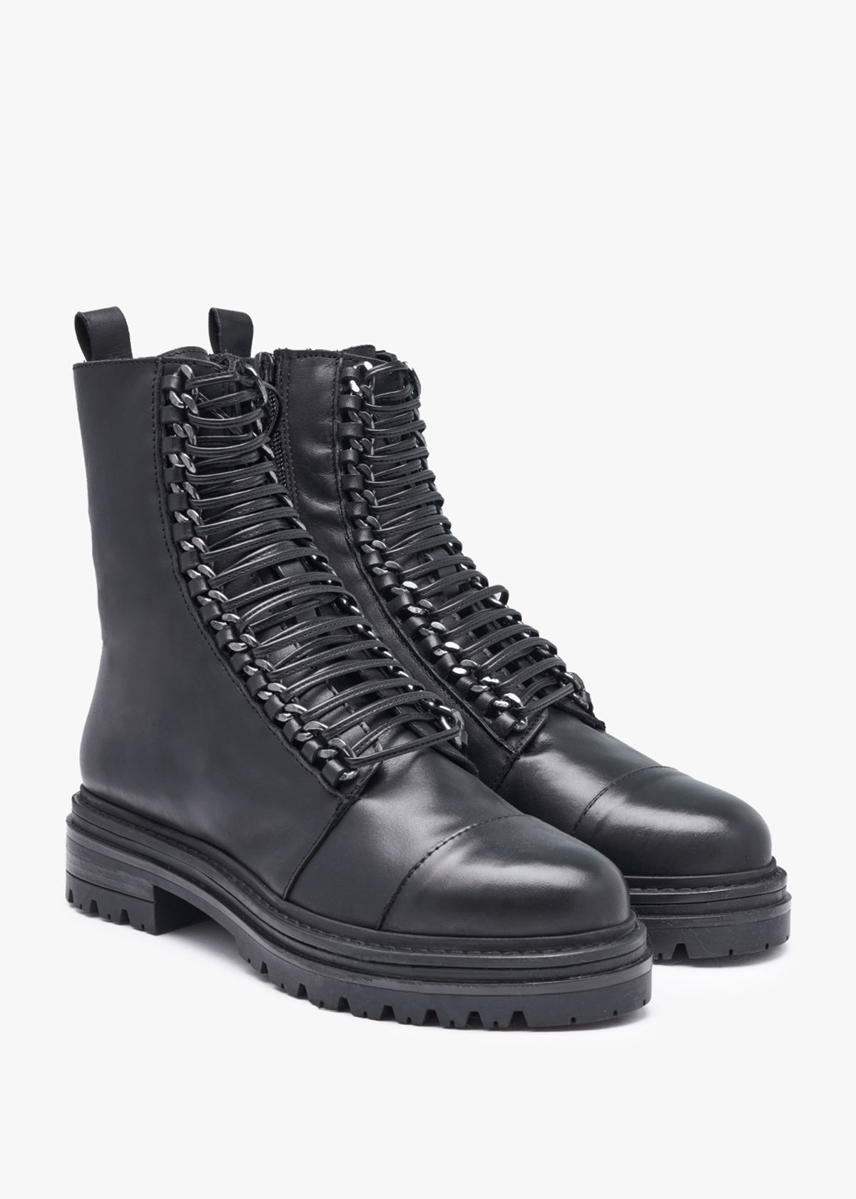 Grace Black Leather Chain Detail Ankle Boots