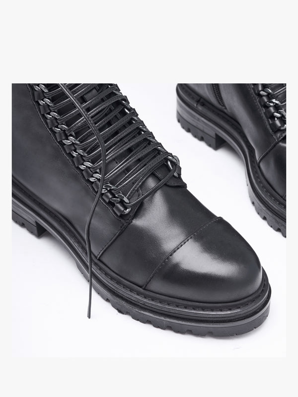 Grace Black Leather Chain Detail Ankle Boots