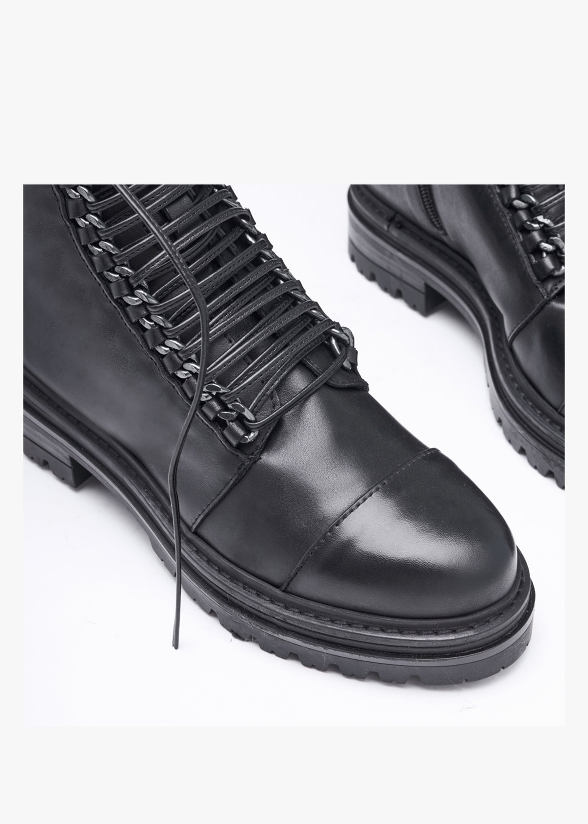 Grace Black Leather Chain Detail Ankle Boots