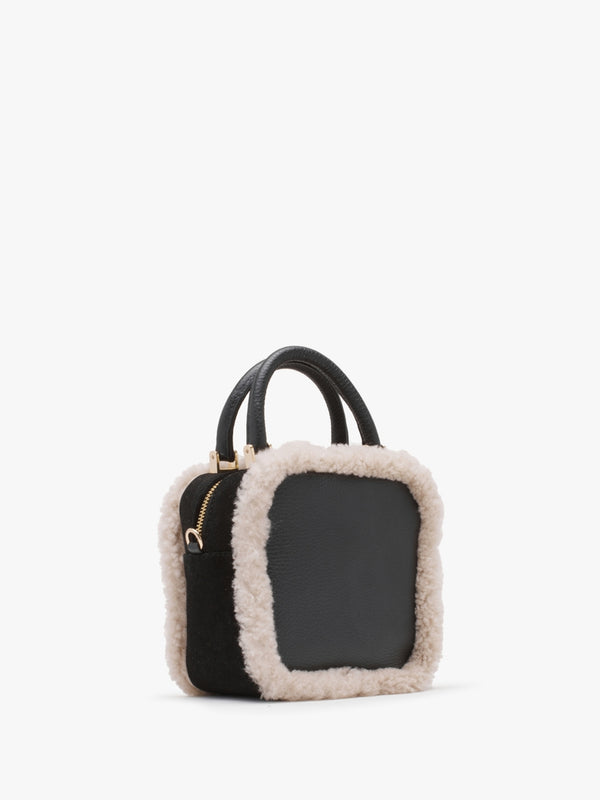 X Christian Villa Mini Square Shearling Black Leather Cross-Body Bag