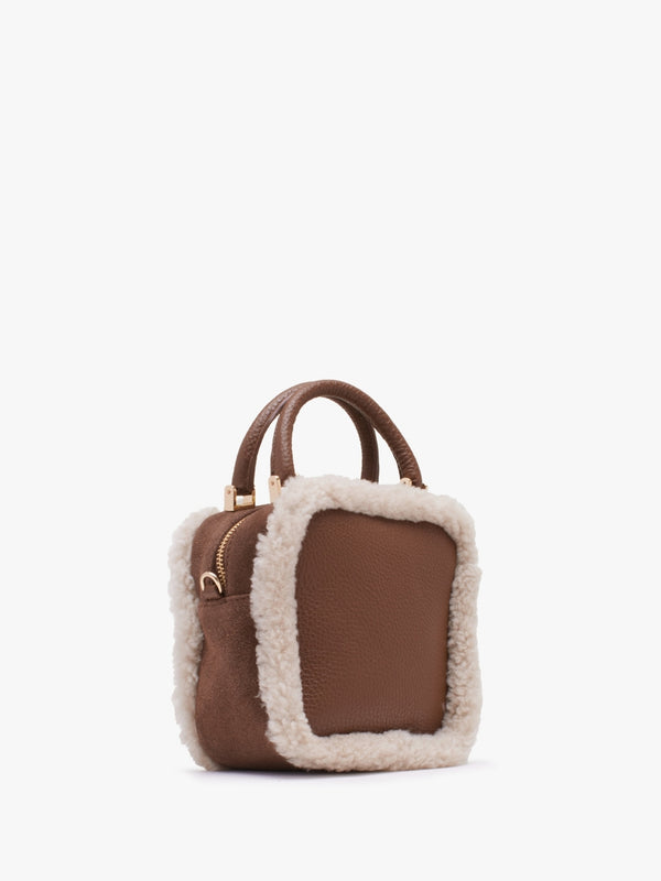 X Christian Villa Mini Square Shearling Tan Leather Cross-Body Bag