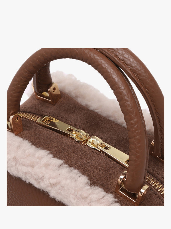 X Christian Villa Mini Square Shearling Tan Leather Cross-Body Bag