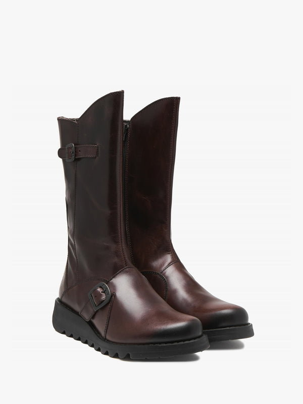 Mes II Wine Leather Low Wedge Calf Boots