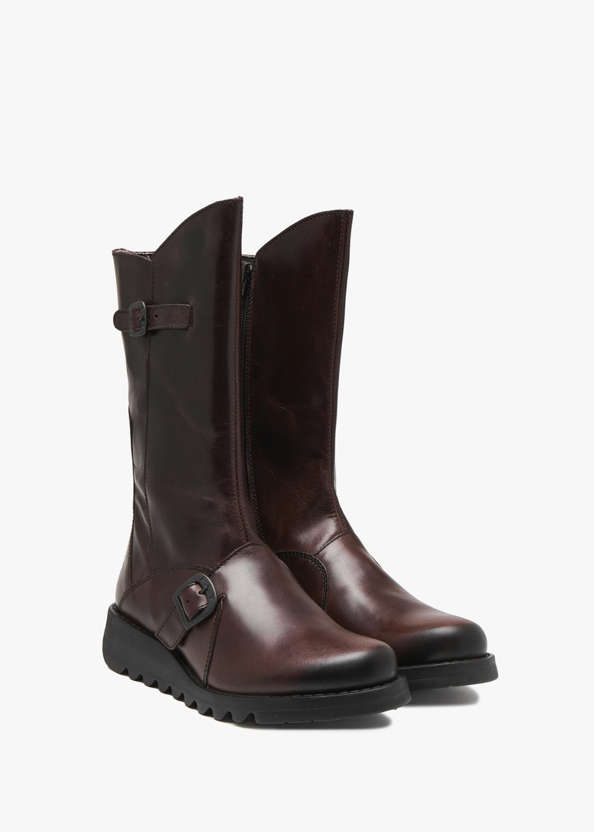 Mes II Wine Leather Low Wedge Calf Boots