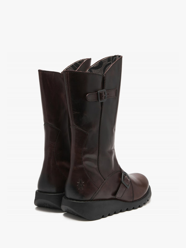 Mes II Wine Leather Low Wedge Calf Boots
