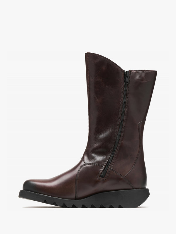 Mes II Wine Leather Low Wedge Calf Boots