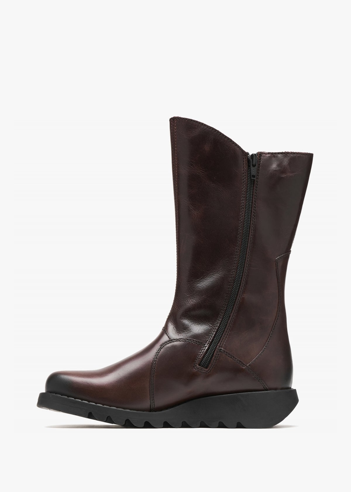 Mes II Wine Leather Low Wedge Calf Boots