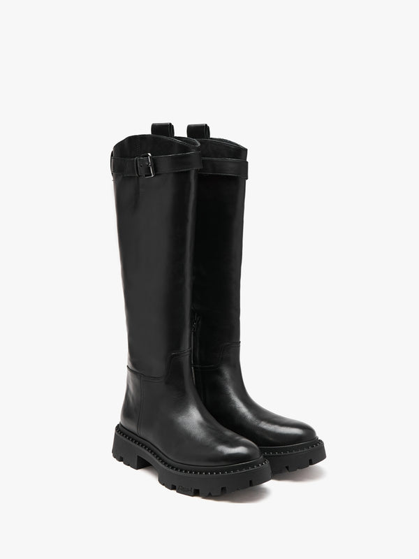 Galaxy Black Leather Chunky Knee Boots
