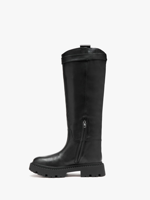 Galaxy Black Leather Chunky Knee Boots