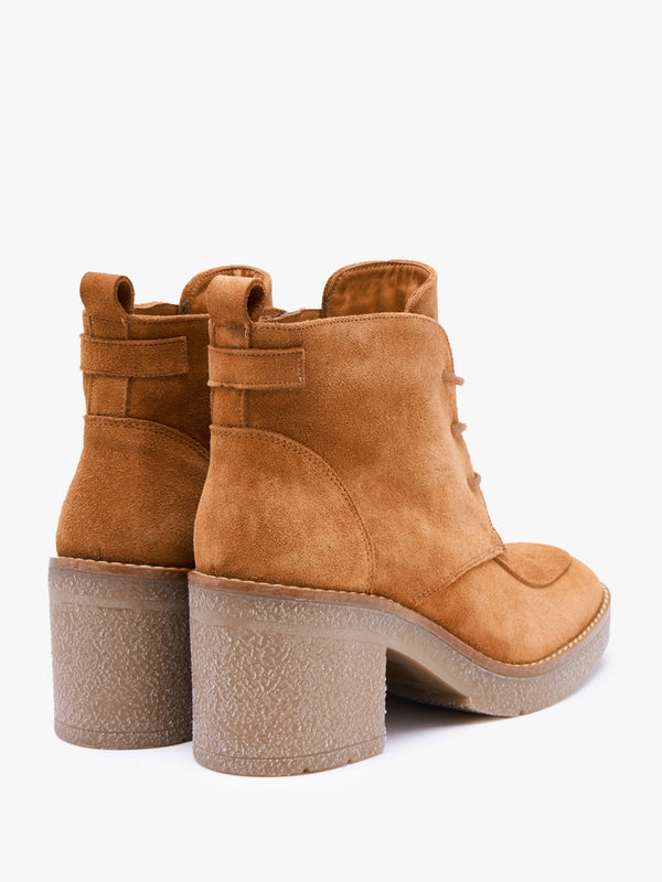 Vesta Tan Suede Lace Up Block Heel Ankle Boots
