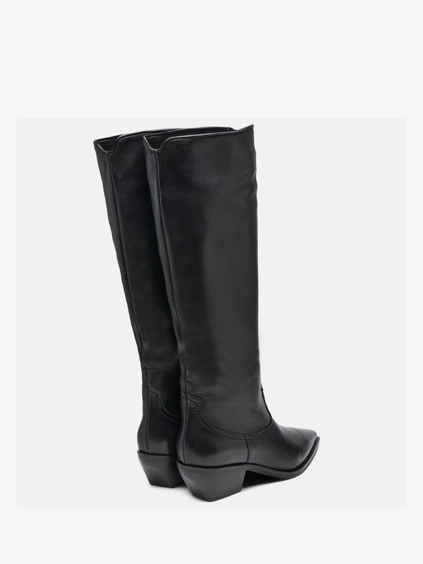 Skira Black Leather Western Knee Boots