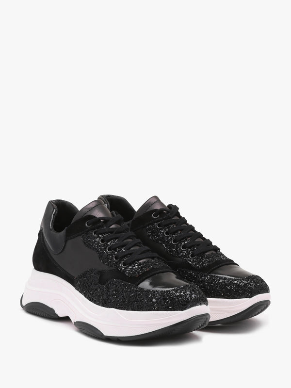 Tipto Black Suede & Leather Glitter Chunky Trainers
