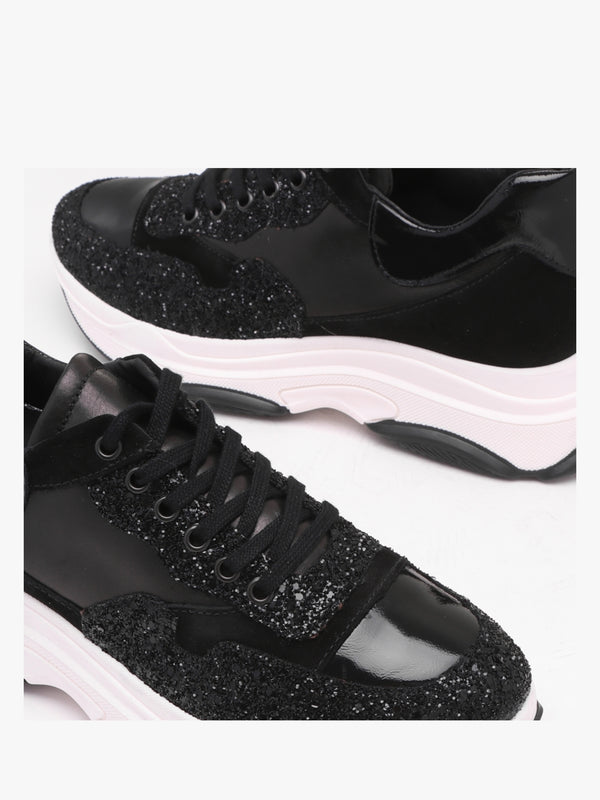 Tipto Black Suede & Leather Glitter Chunky Trainers