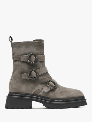 Akita Grey Suede Jeweled Biker Boots