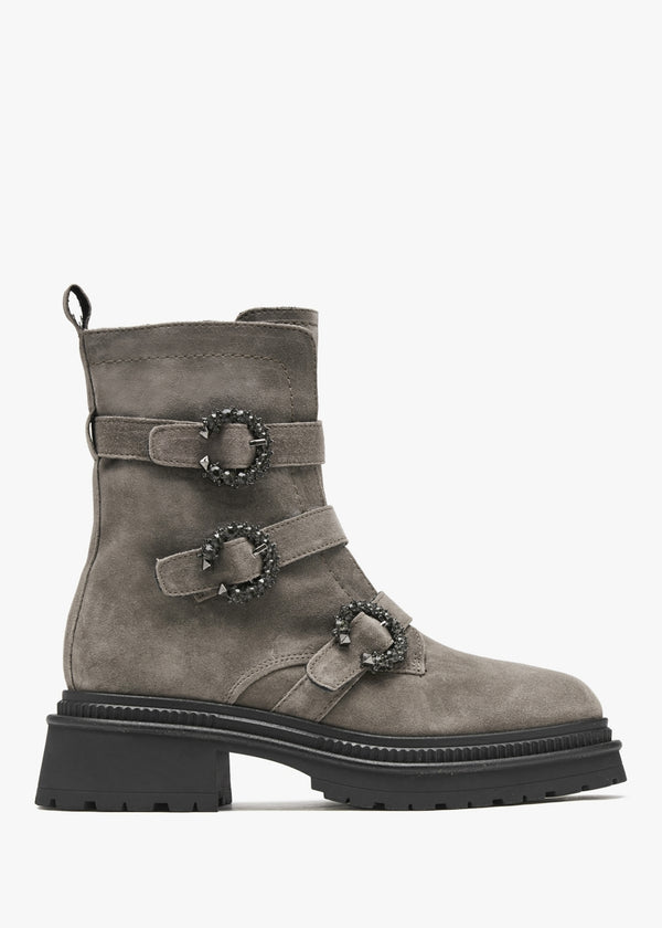 Akita Grey Suede Jeweled Biker Boots