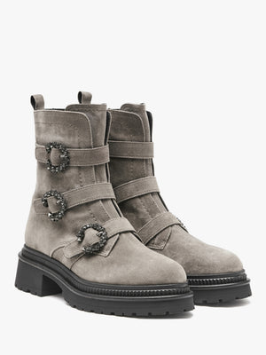 Akita Grey Suede Jeweled Biker Boots