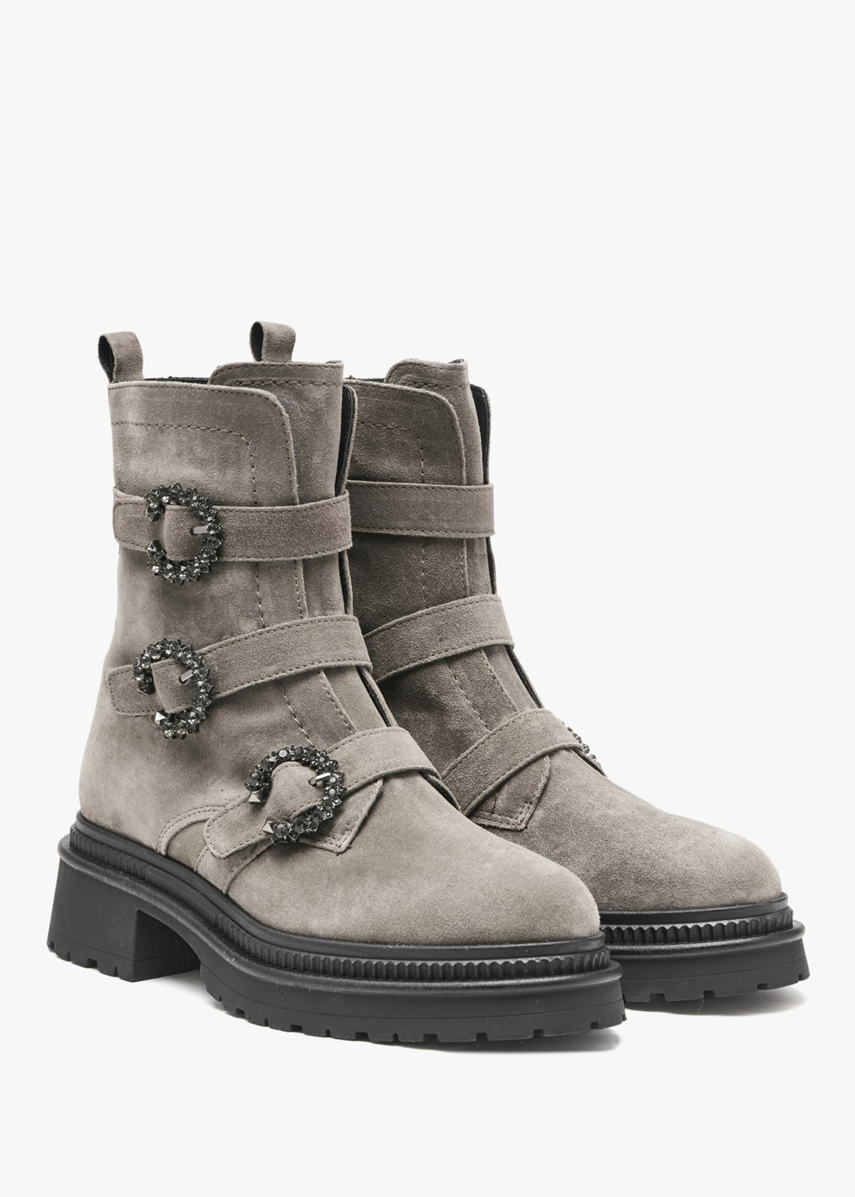 Akita Grey Suede Jeweled Biker Boots