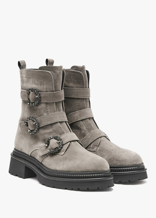 Akita Grey Suede Jeweled Biker Boots