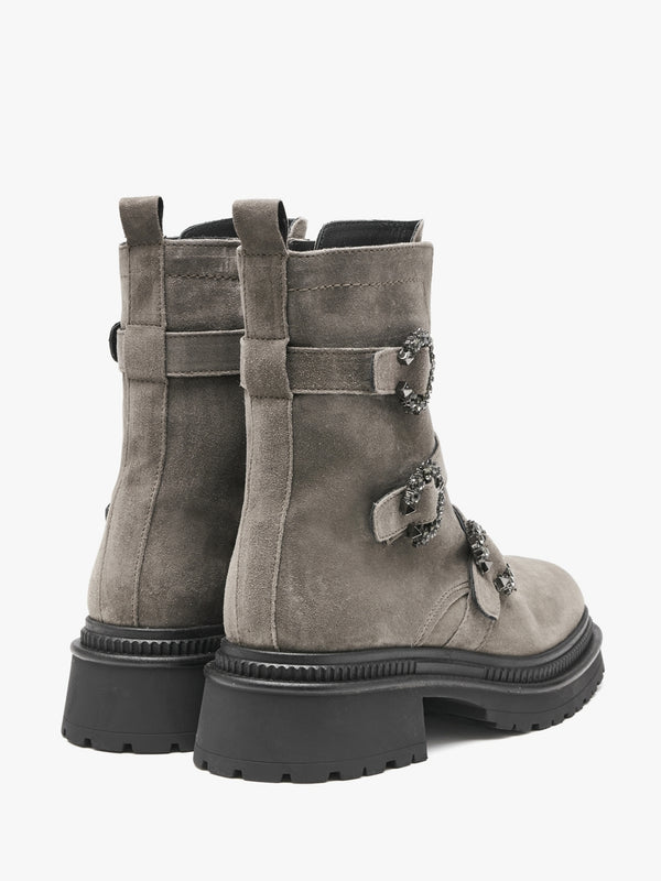 Akita Grey Suede Jeweled Biker Boots