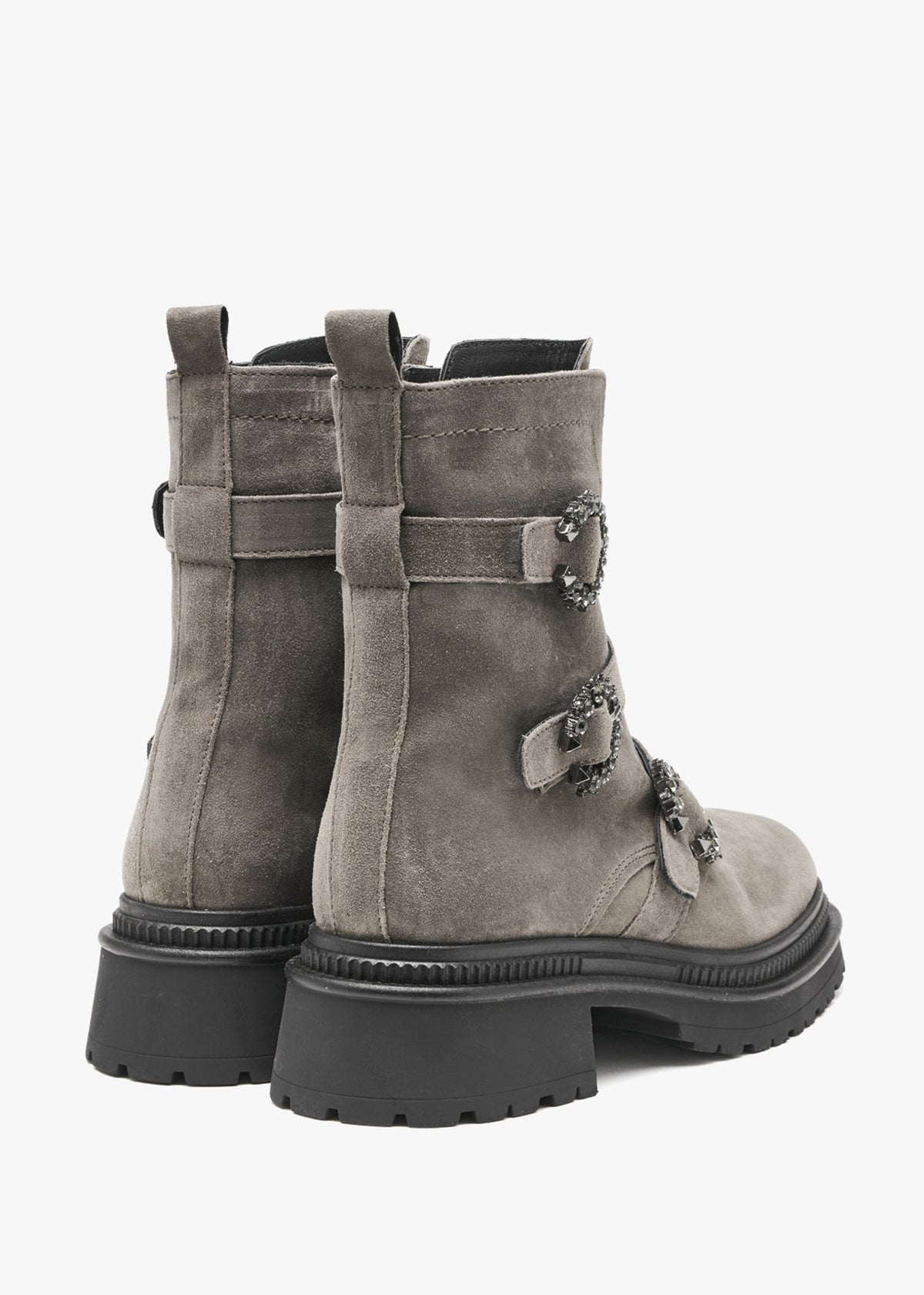 Akita Grey Suede Jeweled Biker Boots