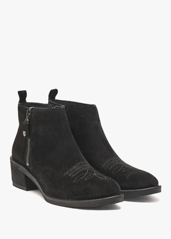Ackie Black Suede Western Ankle Boots