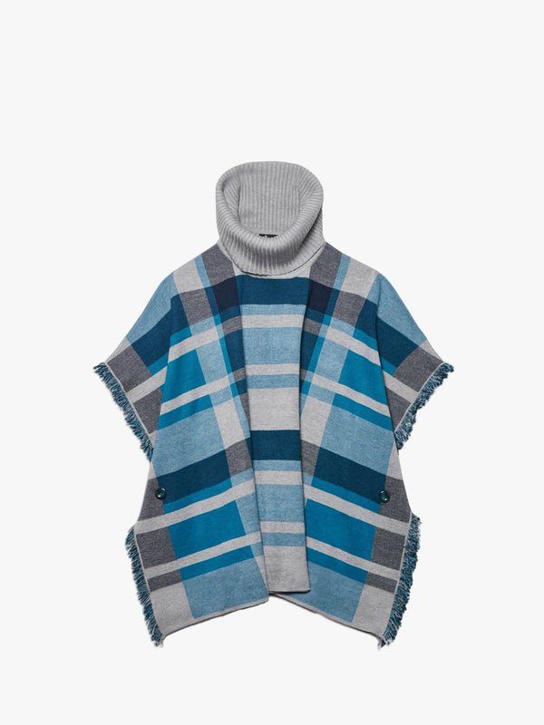 Blue & Grey Knitted Checked Fringe Poncho