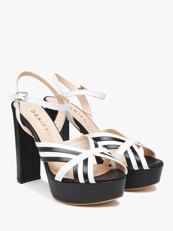 Avery Black & White Leather Platform Heeled Sandals