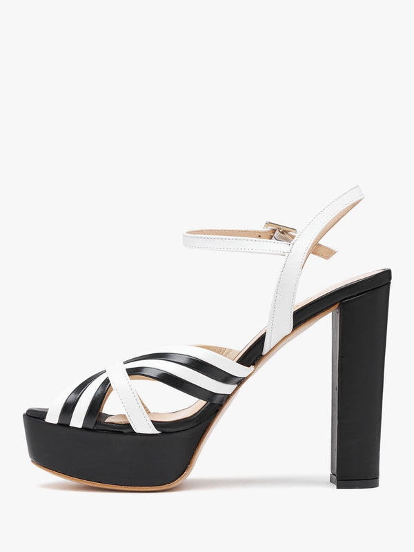 Avery Black & White Leather Platform Heeled Sandals