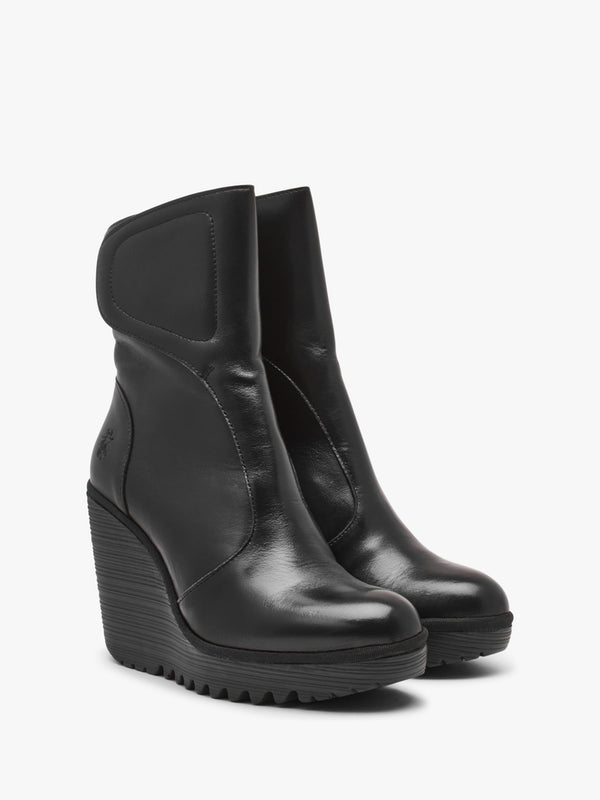 Dally Black Leather High Wedge Ankle Boots