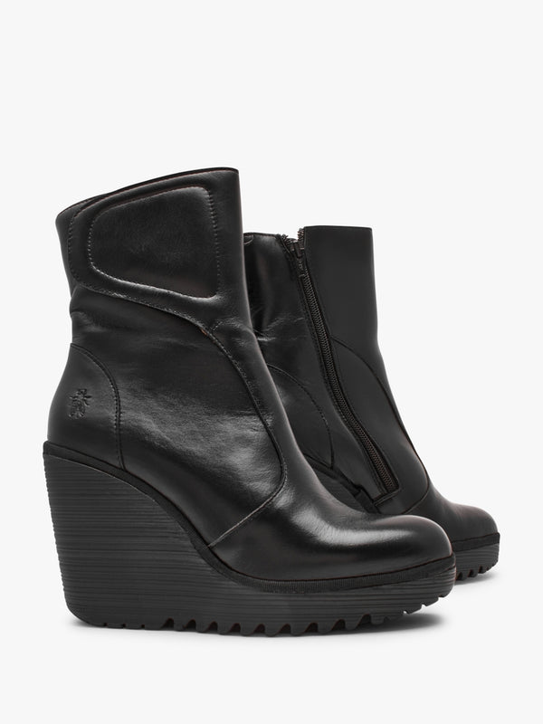 Dally Black Leather High Wedge Ankle Boots