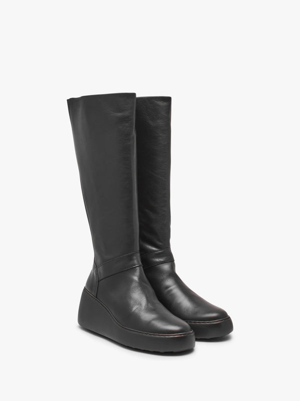 Dova Black Leather Wedge Knee Boots