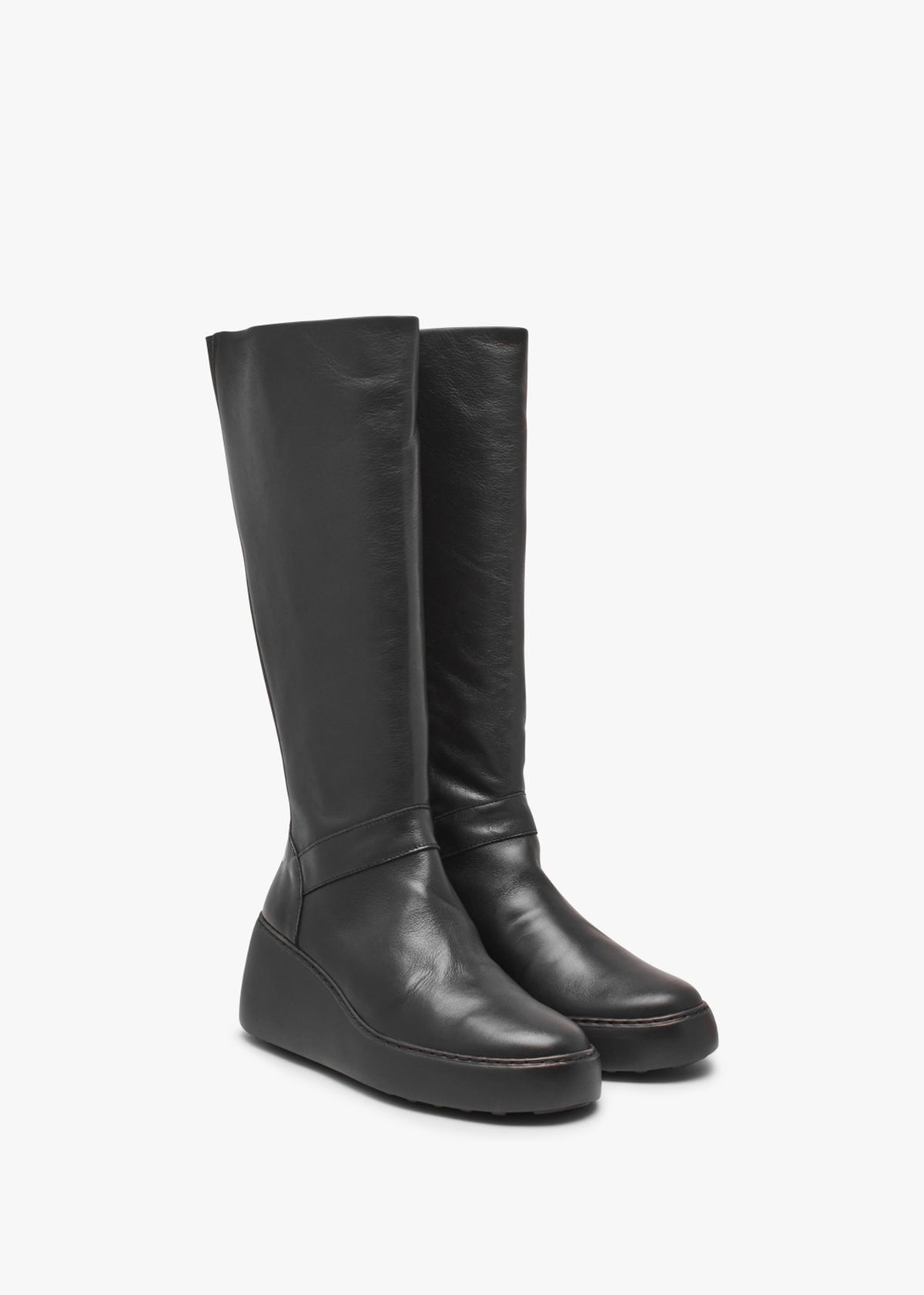 Dova Black Leather Wedge Knee Boots