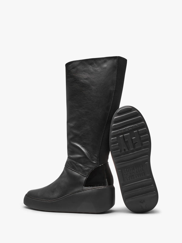 Dova Black Leather Wedge Knee Boots