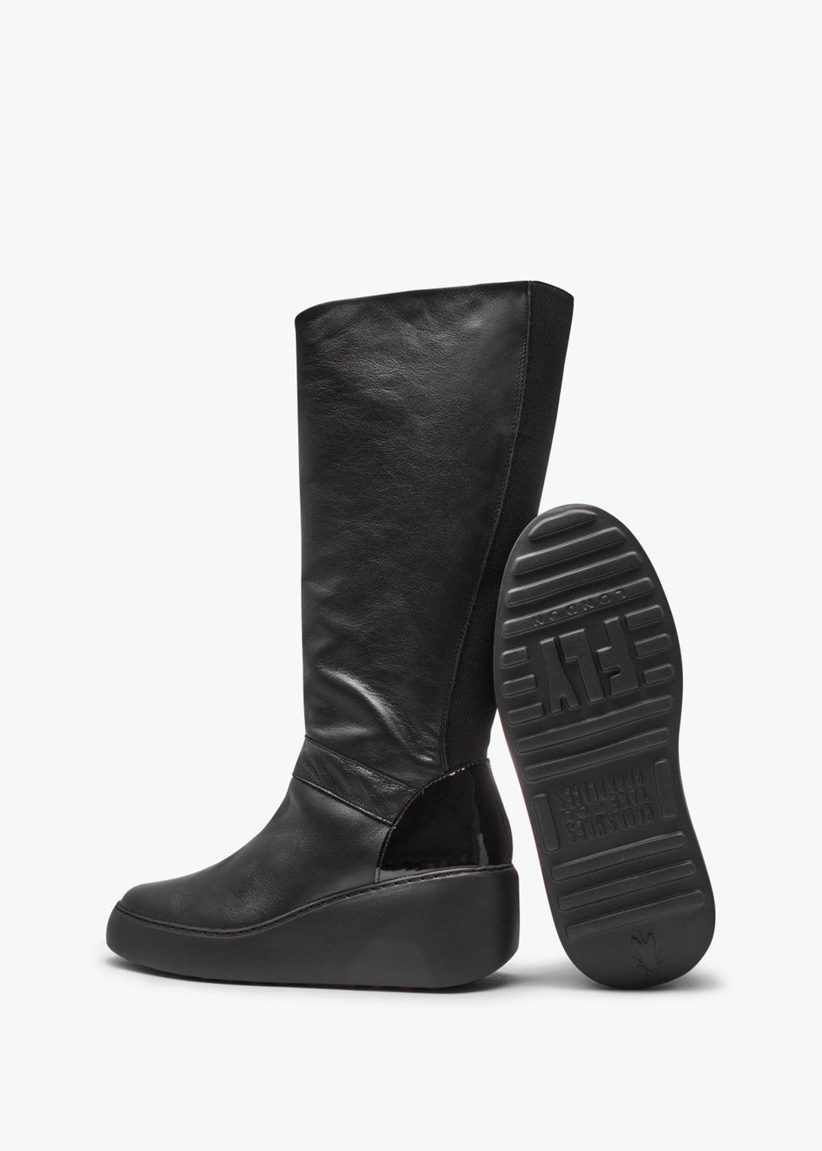 Dova Black Leather Wedge Knee Boots