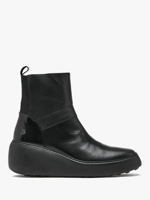 Doxe Black Leather & Patent Wedge Ankle Boots