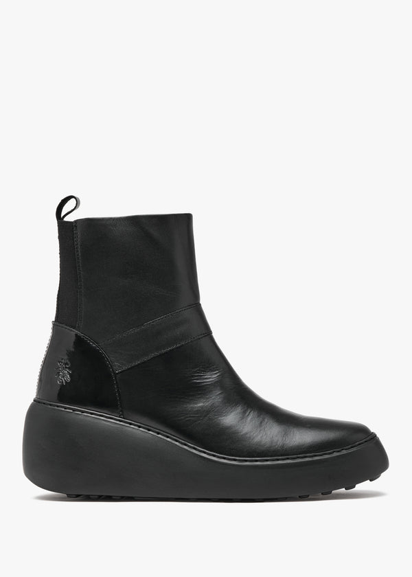 Doxe Black Leather & Patent Wedge Ankle Boots